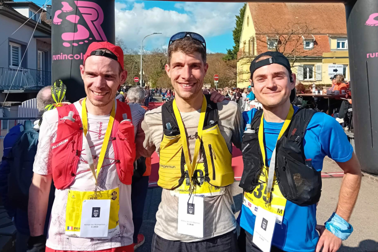 Le podium du Trail du Petit Ballon, avec Christophe Prémont au centre et Benjamin Gys à droite.