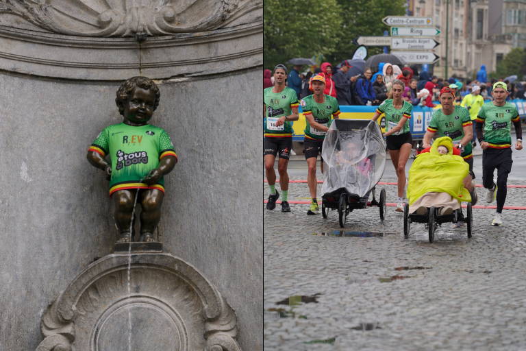 Pour les 20 ans du box handisport aux 20 Km de Bruxelles, Manneken-pis sera habillé aux couleurs de l'asbl Tous à Bord